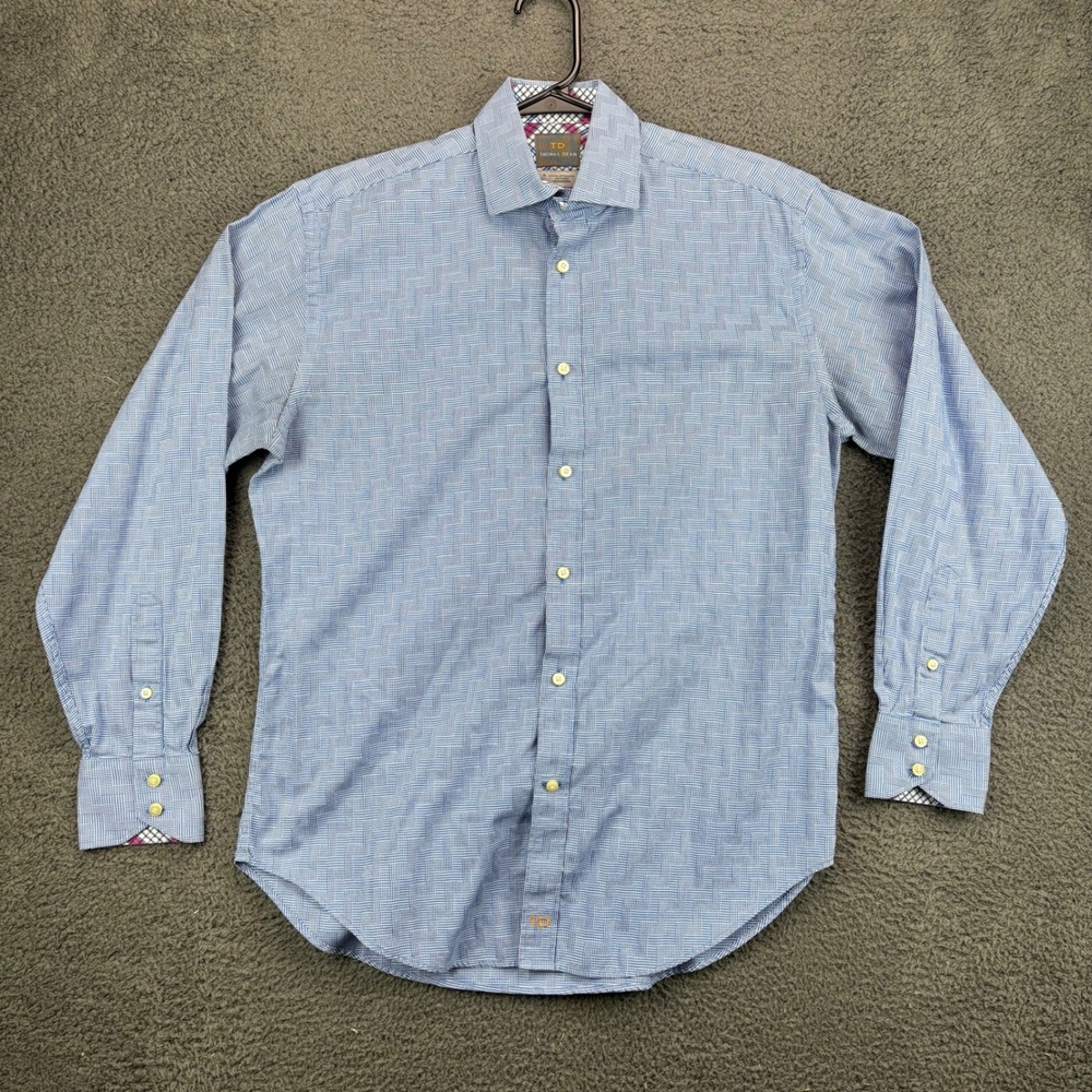 Thomas Dean Mens Blue Geometric Print Button Down Shirt Size‎ Medium Pima Cotton